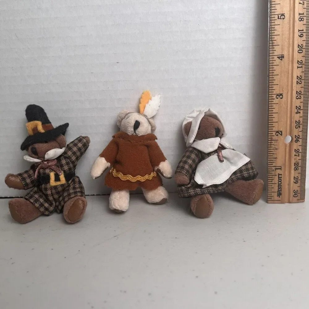 Russ Berrie Thanksgiving Mini Teddy Bears Pilgrim Indian Vintage Tiny Town 3